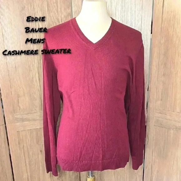 Mens Burgundy Cashmere V-Neck Sweater Eddie Bauer - Picture 1 of 9